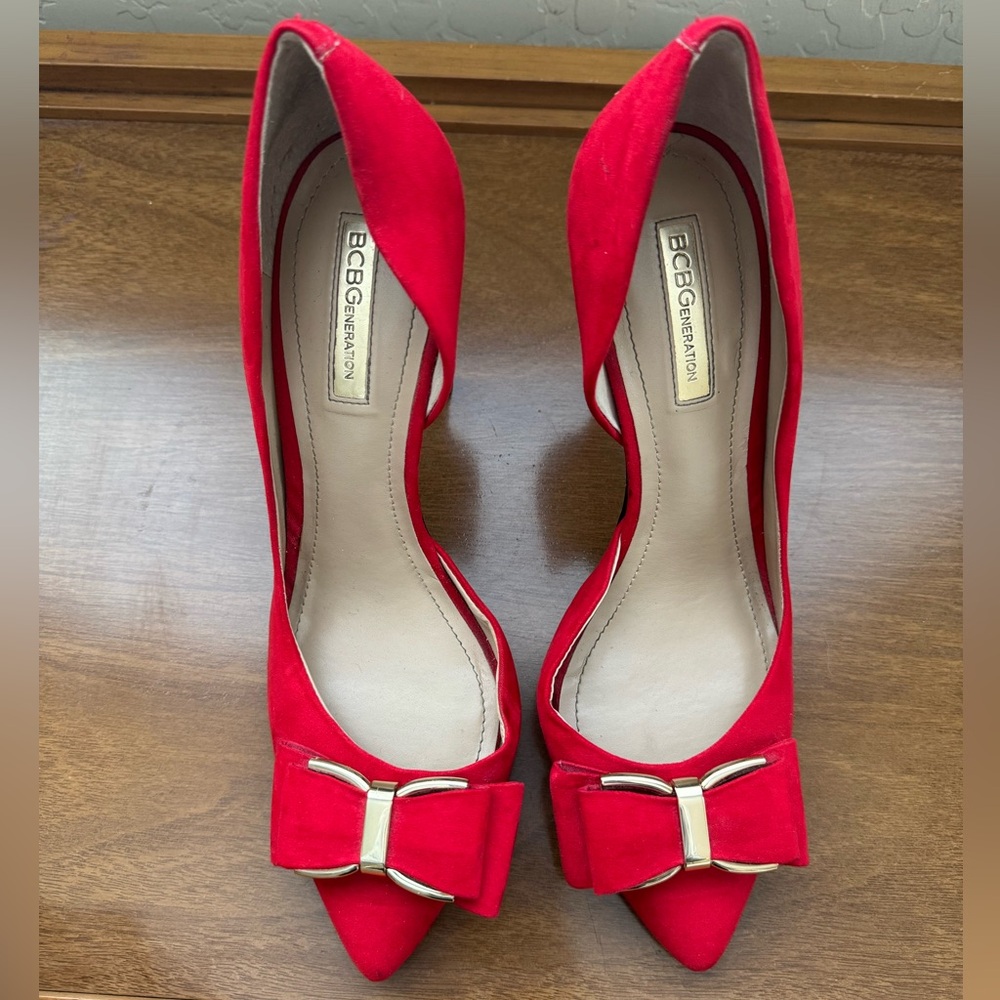 BCBGeneration Red Bow Heels - Suede with Gold Hardware